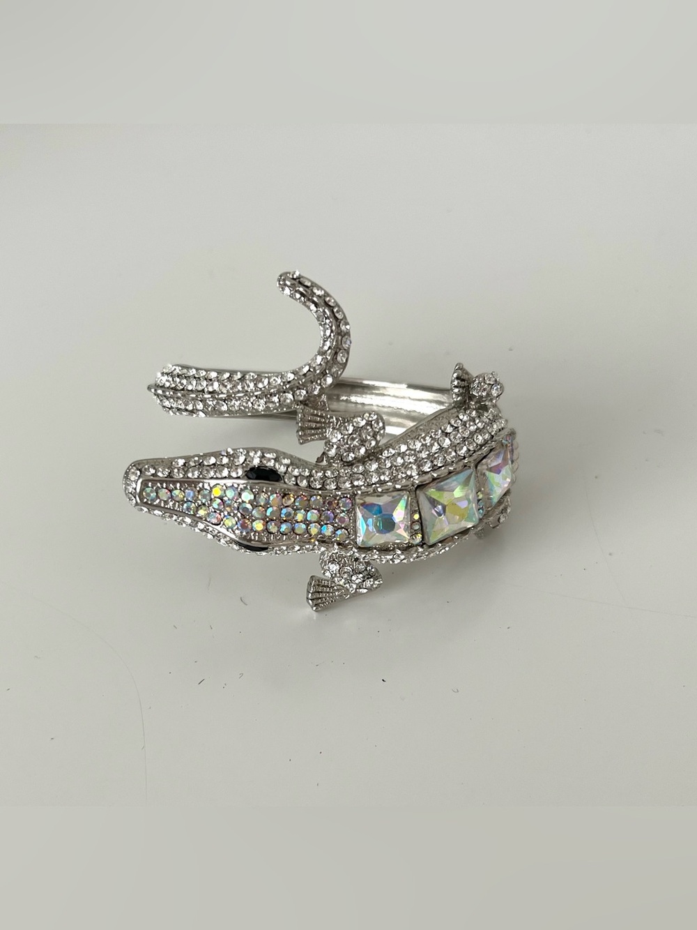 Crystal Alligator Cuff Bracelet - Silver with Aurora Rhinestones